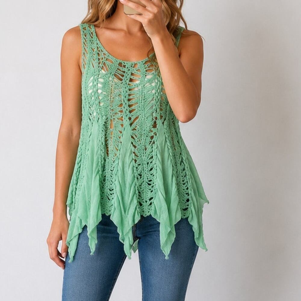 India Boutique🌿 Women’s Mint Green Crochet Handkerchief Hem Tank Top Boho OS